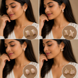 Elegant Beige, grey marble stud earrings with gold-tone border