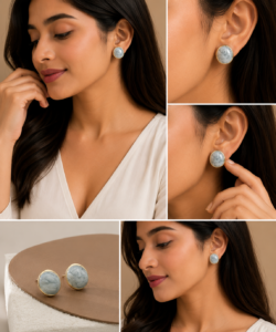 Elegant Beige, grey marble stud earrings with gold-tone border