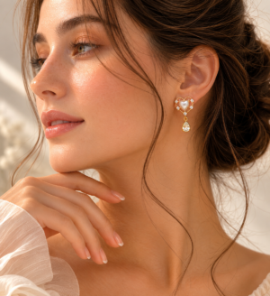 Elegant heart-shaped pearl drop earrings with crystal accents and teardrop pendant for women.