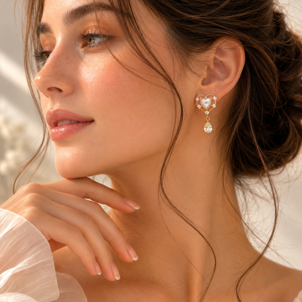 Elegant heart-shaped pearl drop earrings with crystal accents and teardrop pendant for women.