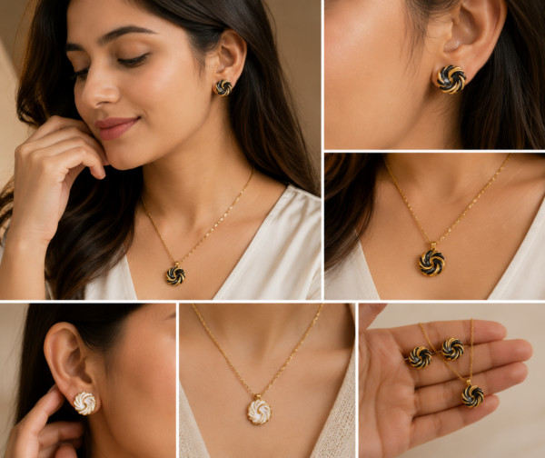 Gold-Plated Swirl Pendant Necklace & Stud Earrings Set