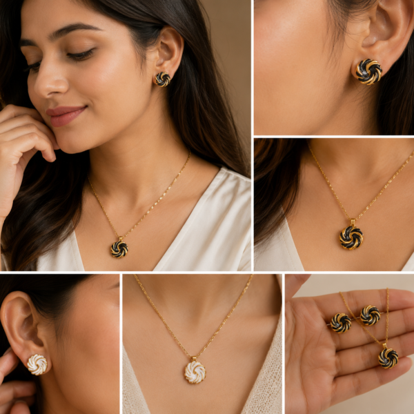 Luxury stainless steel white swirl pendant necklace and matching stud earrings set with gold-plated finish for women.