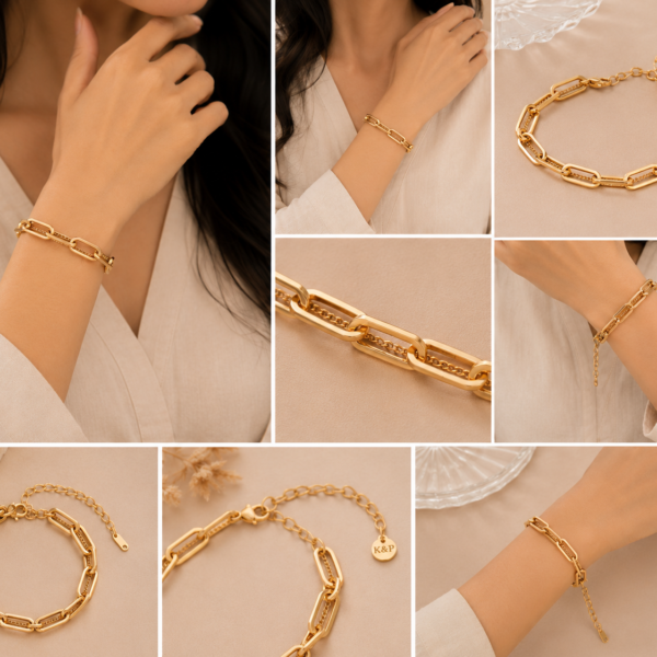 Woman wearing a gold chain link bracelet on her wrist with elegant minimalist styling.