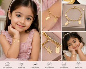 Young girl wearing a gold-plated bunny charm bracelet with adjustable chain and cute pendant charms.