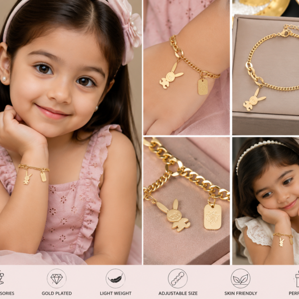 Young girl wearing a gold-plated bunny charm bracelet with adjustable chain and cute pendant charms.