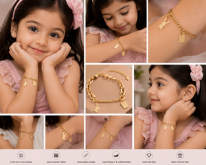 Young girl wearing a gold-plated bunny charm bracelet with adjustable chain and cute pendant charms.