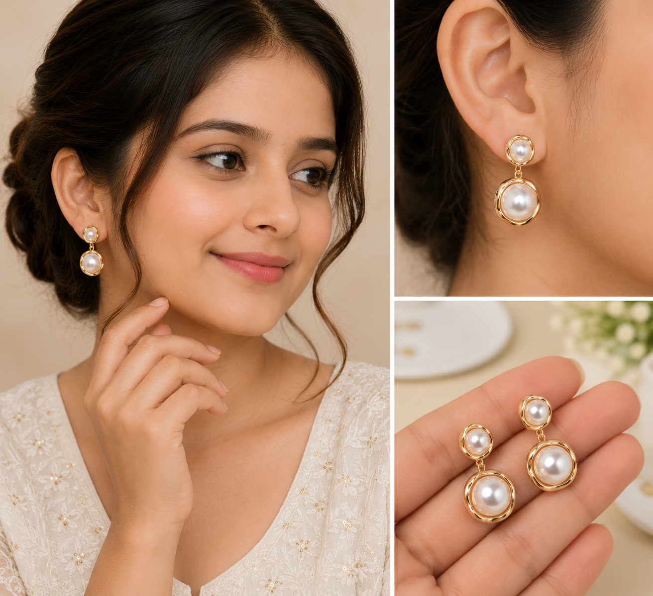 Second image of K&P Fashion Gold Pearl Drop Earrings with Silver Needle-
