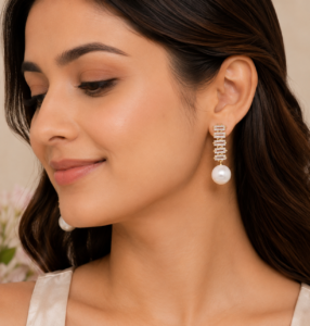 Woman wearing elegant gold pearl drop earrings with a modern gold-plated design and white pearl accents.