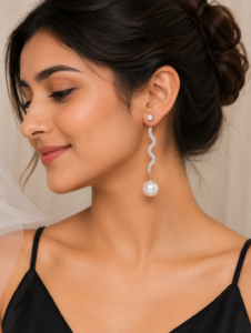 Woman wearing elegant gold pearl drop earrings with a modern gold-plated design and white pearl accents.