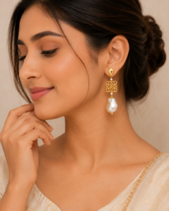 Woman wearing elegant gold pearl drop earrings with a modern gold-plated design and white pearl accents.