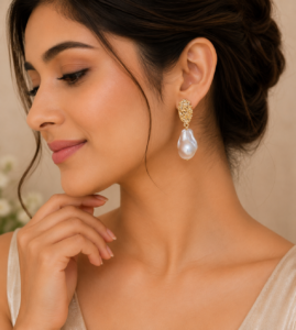 Woman wearing elegant gold pearl drop earrings with a modern gold-plated design and white pearl accents.