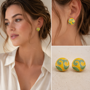 Woman wearing yellow and green enamel round stud earrings with gold-tone detailing