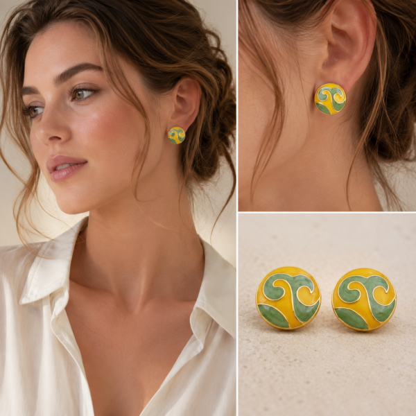 Woman wearing yellow and green enamel round stud earrings with gold-tone detailing