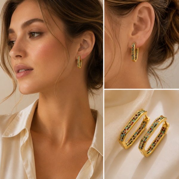 Woman wearing luxury gold-tone crystal hoop earrings with sparkling stone detailing