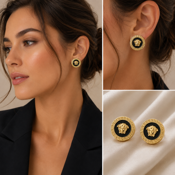 Woman wearing luxury black and gold round Medusa-inspired stud earrings