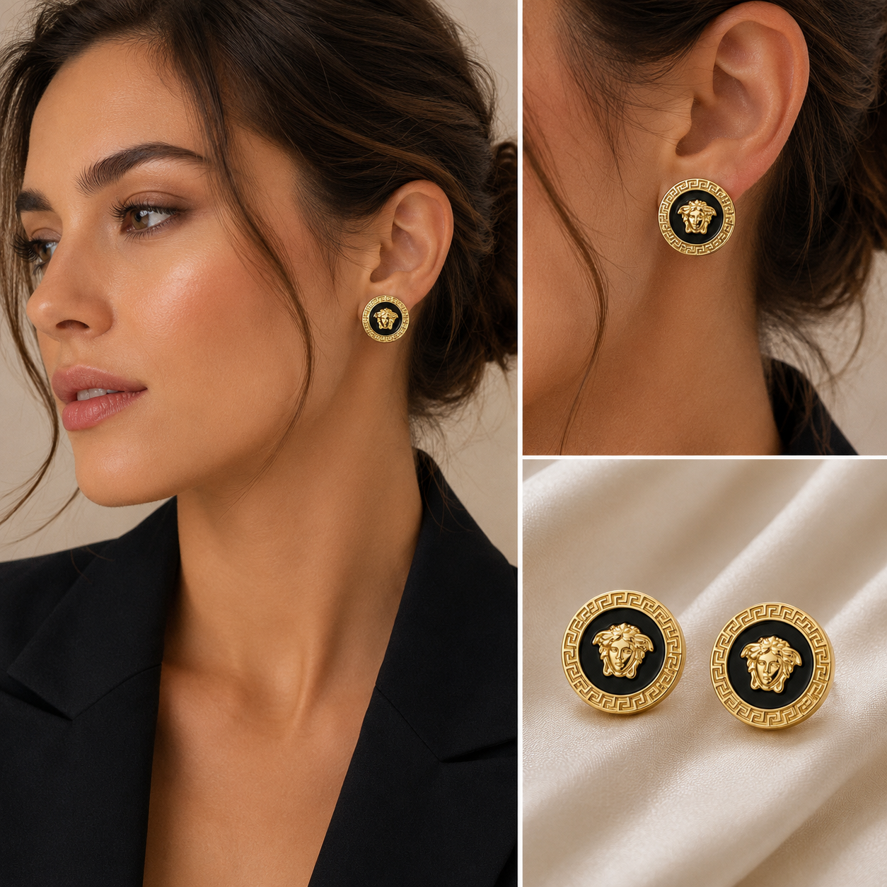 Black & Gold Round Stud Earrings with Silver Needle