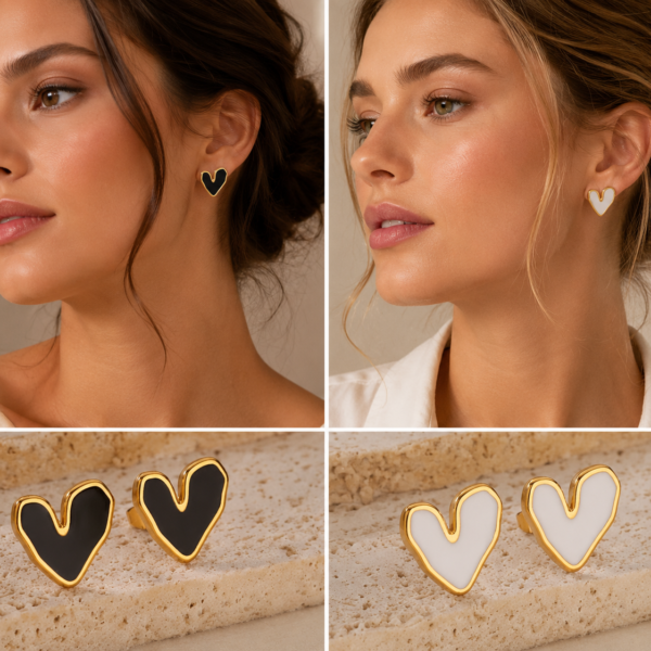 Woman wearing black & White heart-shaped enamel stud earrings with gold-tone border