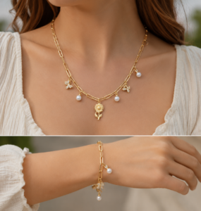 Gold-tone choker necklace featuring elegant pearl drop charms on a delicate chain