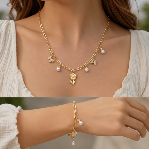 Gold-tone choker necklace featuring elegant pearl drop charms on a delicate chain