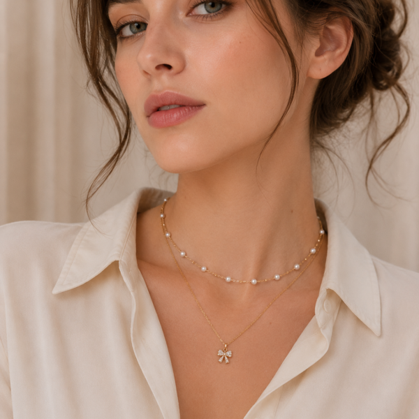 Gold-tone choker necklace with dangling white pearl charms