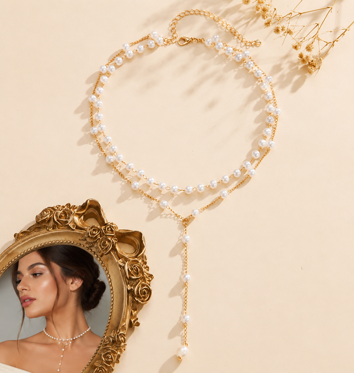 Second image of Multi-Layer Pearl Necklace with Crystal Drop Pendant Choker