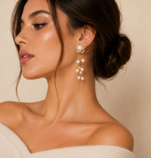 Luxury gold-tone pearl tassel drop earrings with crystal floral studs and cascading pearl chains displayed on a soft beige background.