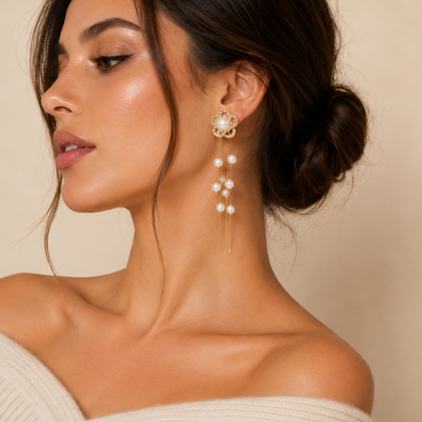 Luxury gold-tone pearl tassel drop earrings with crystal floral studs and cascading pearl chains displayed on a soft beige background.