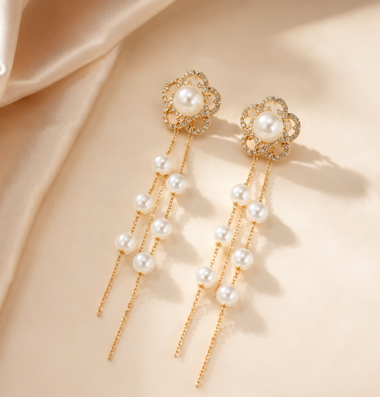 Second image of Luxury Pearl Tassel Drop Earrings