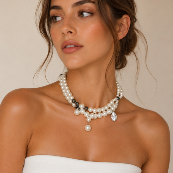 Luxury double-layer pearl choker necklace with metallic accent beads and a crystal drop pendant displayed in an elegant flat-lay product photography setup.