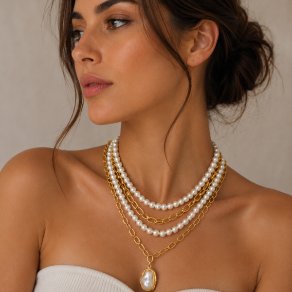 Woman wearing a luxury layered necklace featuring pearl strands, gold chains, and a baroque pearl pendant in a modern vintage-inspired design.