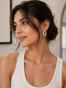 Polished silver chunky hoop earrings displayed on a neutral stone platform with soft beige background.