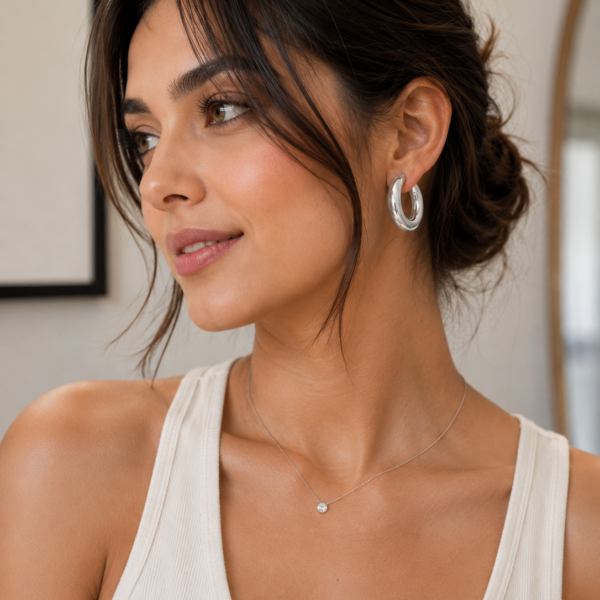Polished silver chunky hoop earrings displayed on a neutral stone platform with soft beige background.