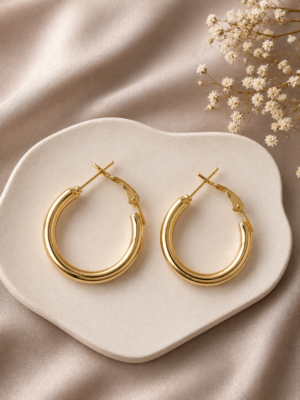 Classic gold hoop earrings with a polished finish displayed on a neutral ceramic tray.