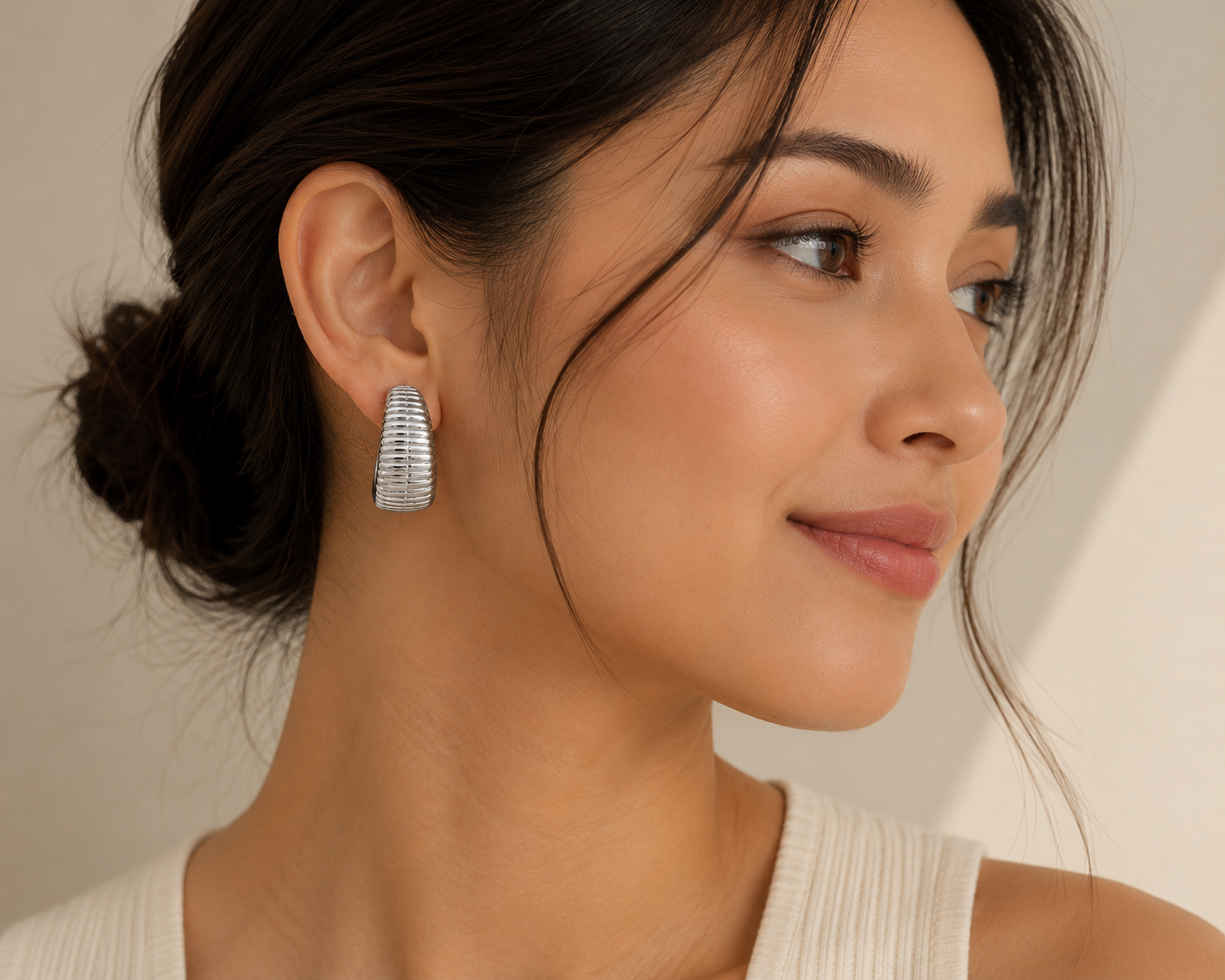 Silver Ribbed Hoop Earrings