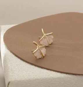 Elegant Beige, grey marble stud earrings with gold-tone border