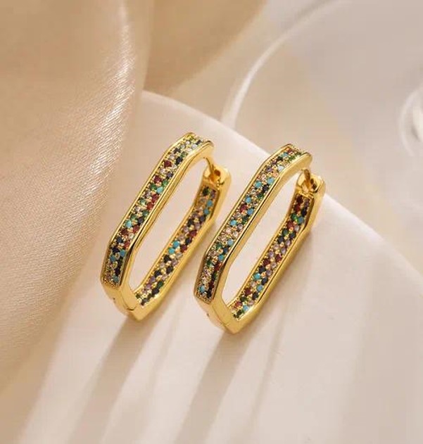 Second image of Geometric plating inlay copper zircon18k gold plated earrings