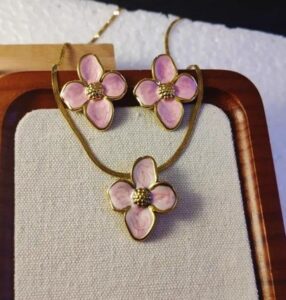 Pink Floral Enamel Necklace and Earrings Set