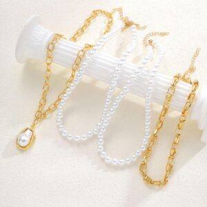 Woman wearing a luxury layered necklace featuring pearl strands, gold chains, and a baroque pearl pendant in a modern vintage-inspired design.