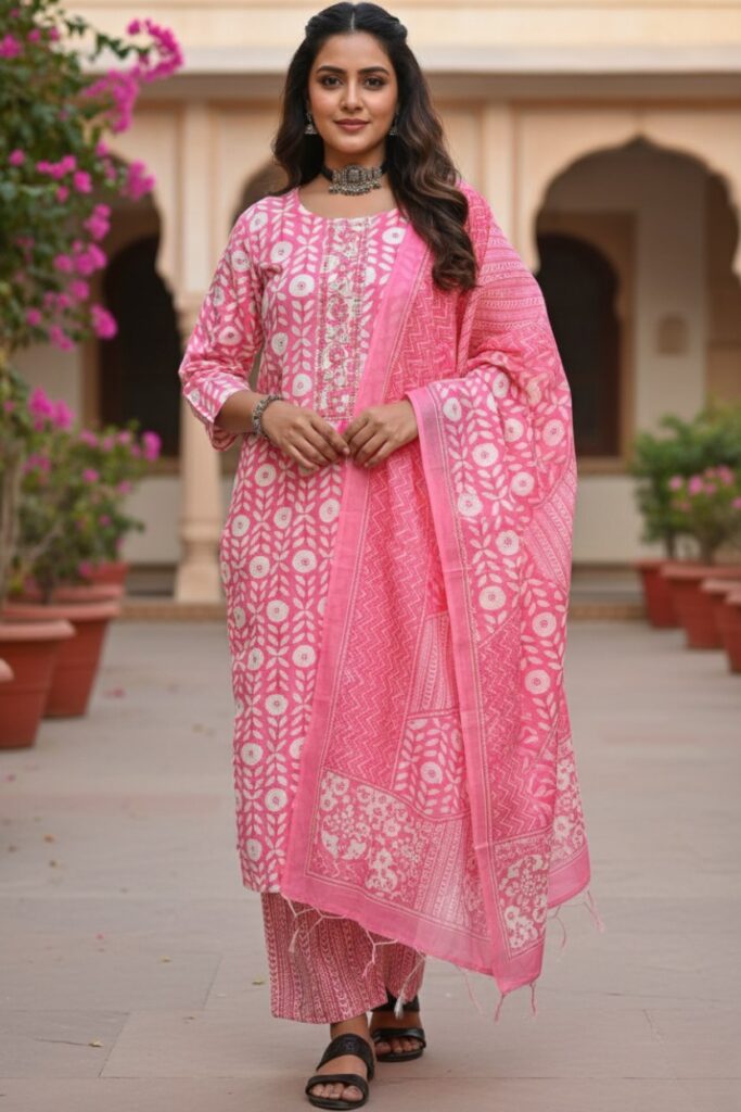 Printed Cotton Kurta Pant Set with Dupatta for Women