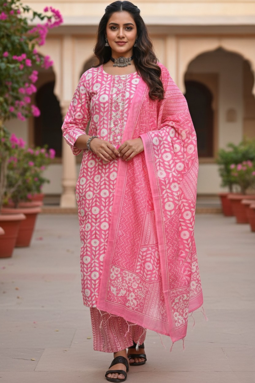 Second image of Printed Pink Cotton Kurta Pant Set with FREE Short Kurti