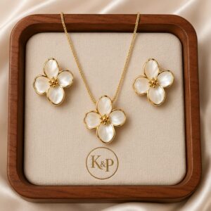 White Floral Gold Pendant Necklace & Earrings Set for Women | K&P Fashions