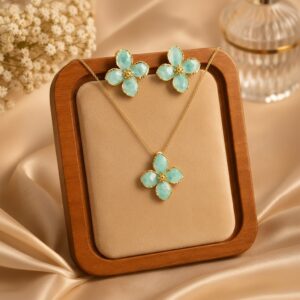 Turquoise Blue Floral Pendant Necklace & Stud Earrings Set | Gold Finish | Elegant Jewelry Set for Women