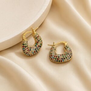 Gold-tone multicolor crystal hoop earrings for women with premium sparkling cubic zirconia stones.