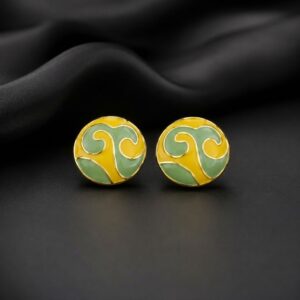 Yellow & Green Enamel Round Stud Earrings with 925 Silver Needle