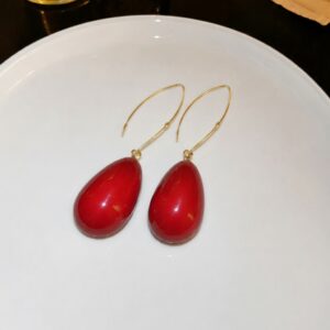 Elegant Red Pearl Teardrop Threader Earrings