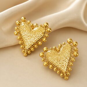 Gold-Plated Heart Stud Earrings for Women | Elegant Filigree Statement Earrings | K&P