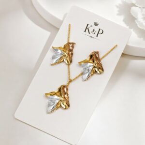 Premium gold finish stainless steel Crystal Leaf necklace and stud earrings set for women with white and blush accents.