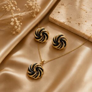 Gold-Plated Black Enamel Pendant & Stud Earrings Set for Women | K&P