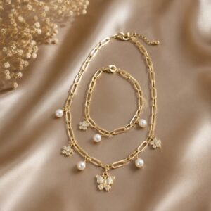 Gold-Plated Butterfly & Pearl Charm Jewelry Set