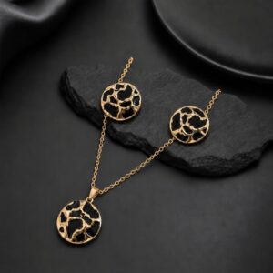 Modern Black Enamel Pendant & Earrings Set for Women | Gold-Tone Jewelry | K&P